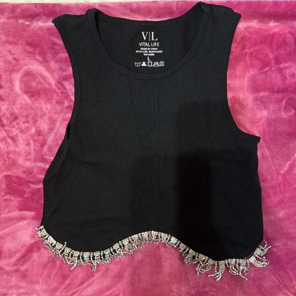 Black Sleeveless Top with Fringe Detail